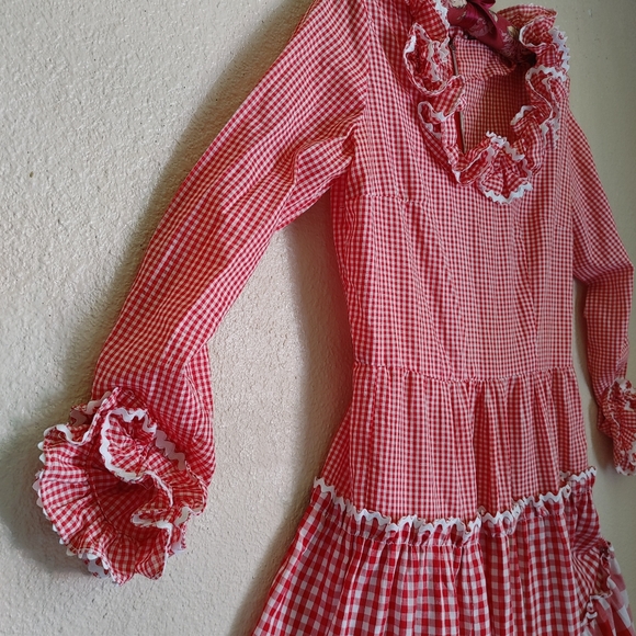 VTG Cottagecore Red Ruffled Gingham Plaid Maxi Dress Size S - Picture 5 of 11